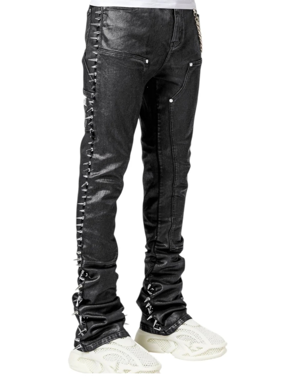 Guapi OBSIDIAN Men's Black Slim Leather-Effect Jeans with Side Stud Detail